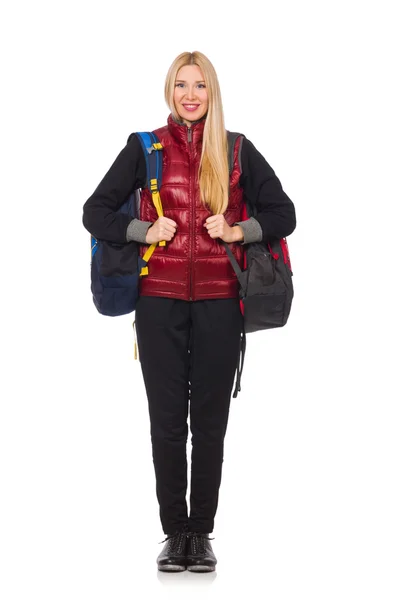 Young woman student with backpack isolated on white — Stock Photo, Image