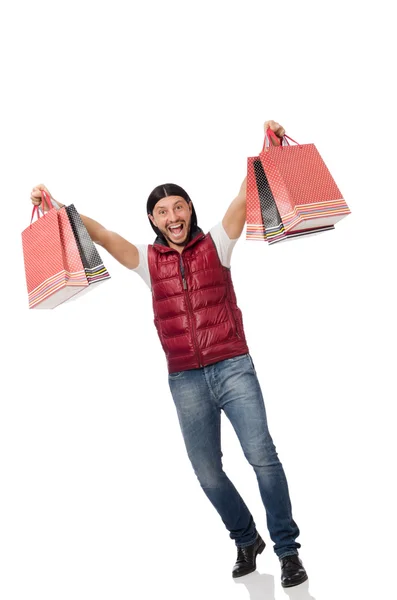 Homem com sacos de compras isolados em branco — Fotografia de Stock
