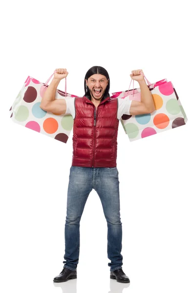 Homem com sacos de compras isolados em branco — Fotografia de Stock