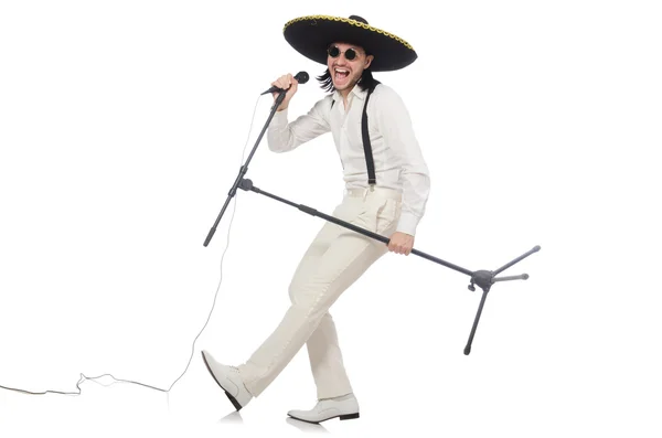 Grappige man draagt Mexicaanse sombrero hoed geïsoleerd op wit — Stockfoto