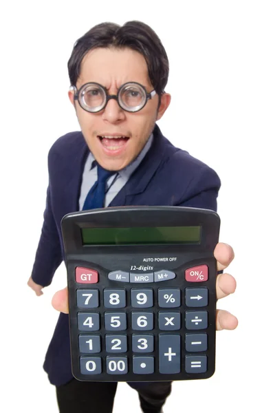 Uomo divertente con calcolatrice isolato su bianco — Foto Stock