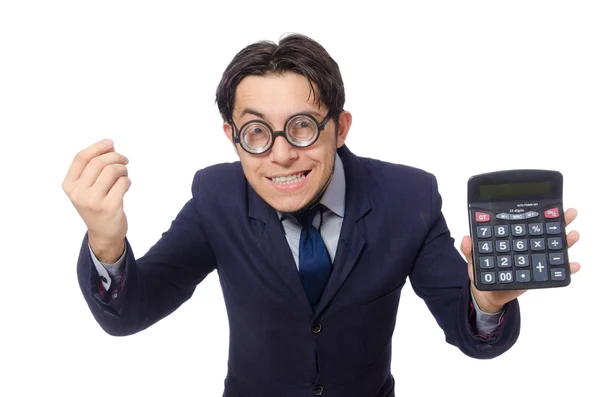 Grappige mens met calculator geïsoleerd op wit — Stockfoto