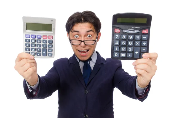 Grappige mens met calculator geïsoleerd op wit — Stockfoto