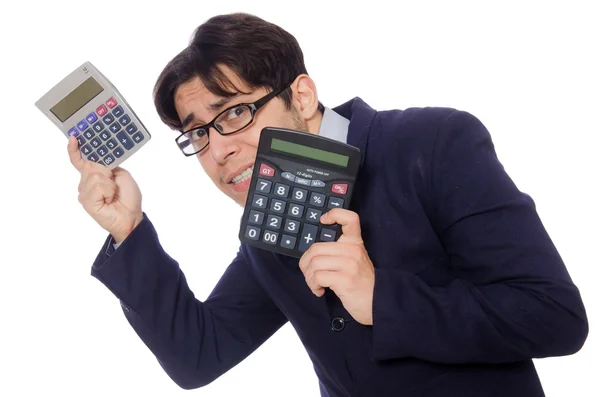 Grappige mens met calculator geïsoleerd op wit — Stockfoto