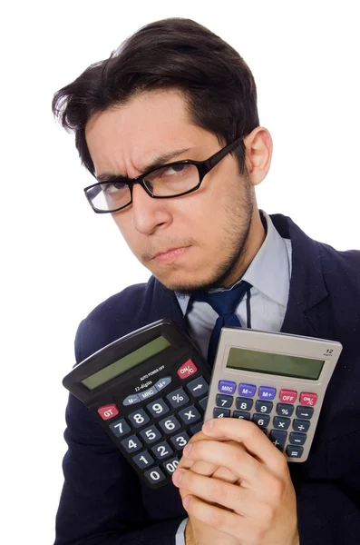 Grappige mens met calculator geïsoleerd op wit — Stockfoto