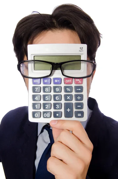 Grappige mens met calculator geïsoleerd op wit — Stockfoto