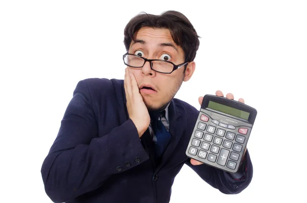 Grappige mens met calculator geïsoleerd op wit — Stockfoto