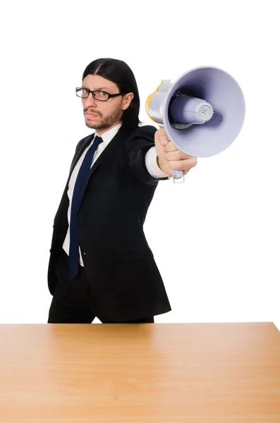 Jeune homme d'affaires avec haut-parleur sur blanc — Photo