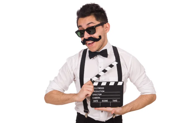 Whiskered young man with clapperboard isolated on white — Stock Photo, Image