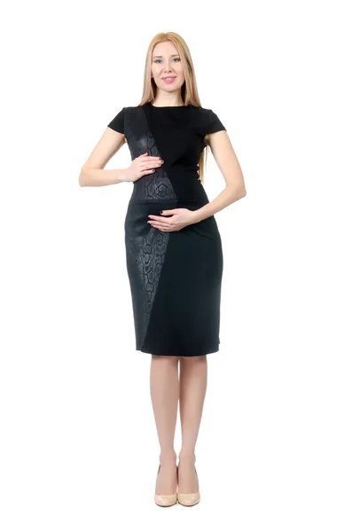 Vrij zwangere vrouw in zwarte jurk geïsoleerd op wit — Stockfoto