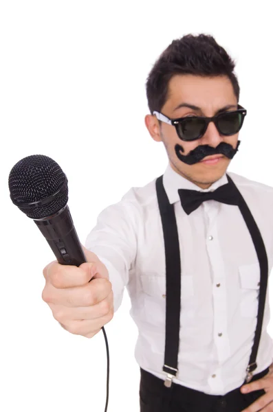Смешной человек с микрофоном на белом — стоковое фото
