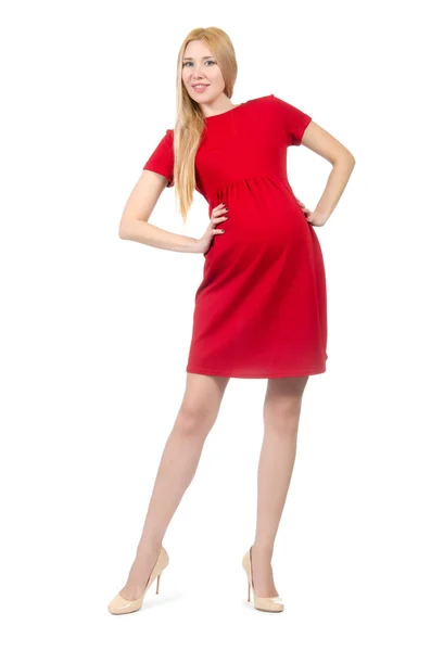 Mulher muito grávida em vestido vermelho isolado no branco — Fotografia de Stock