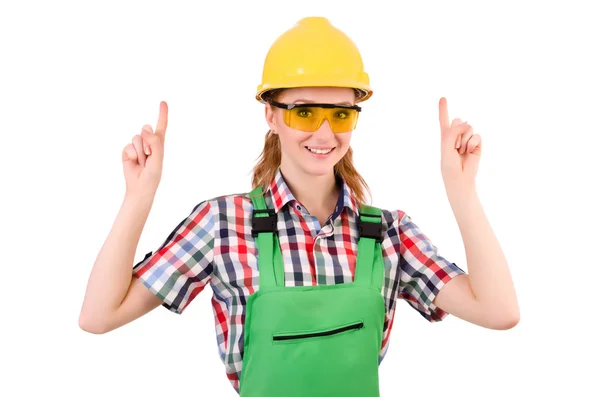 Female handyman in overalls isolated on white — Stock Photo, Image