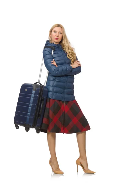 Hübsches weibliches Modell in blauer Jacke isoliert auf weißem Grund — Stockfoto