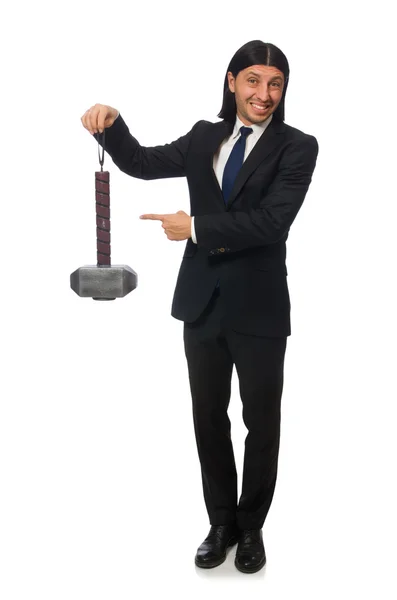 Handsome businessman holding hammer isolated on white — Stock Photo, Image