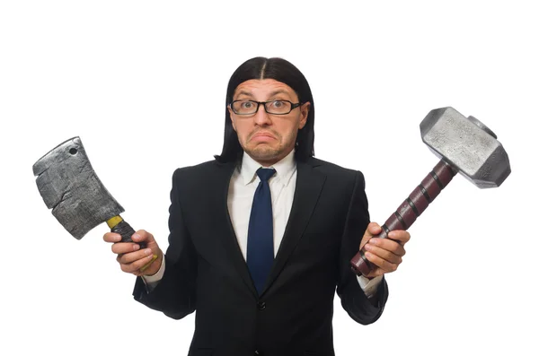 Schöner Geschäftsmann mit Hammer auf weißem Grund — Stockfoto