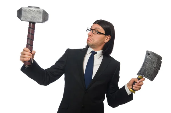 Knappe zakenman houden hamer geïsoleerd op wit — Stockfoto