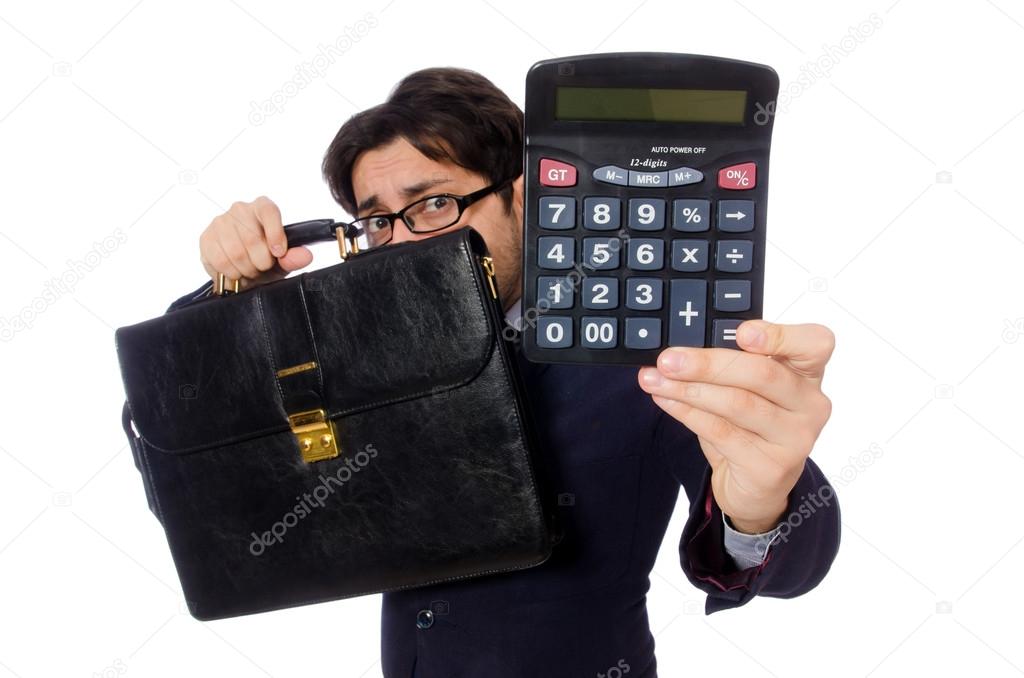 Funny man with calculator isolated on white