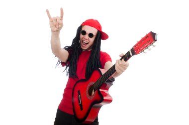 Beyaz izole gitar ile pozitif çocuk
