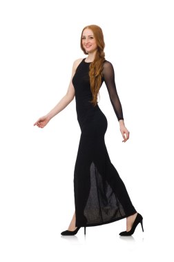 Beyaz izole zarif siyah elbiseli genç bayan