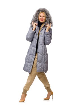 Beyaz izole gri ceketli güzel kadın