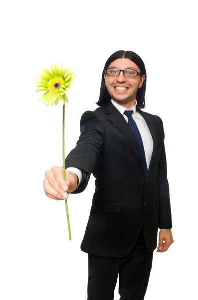 Beau businessman avec fleur isolé sur blanc — Photo