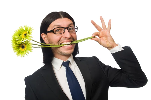 Handsome businessman with flower isolated on white — Stock Photo, Image