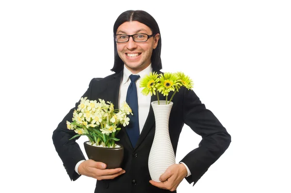 Bonito empresário com vaso de flores isolado em branco — Fotografia de Stock