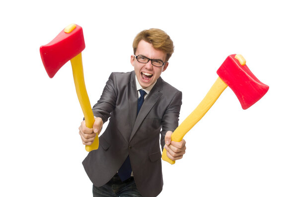 Young businessman with weapon isolated on white