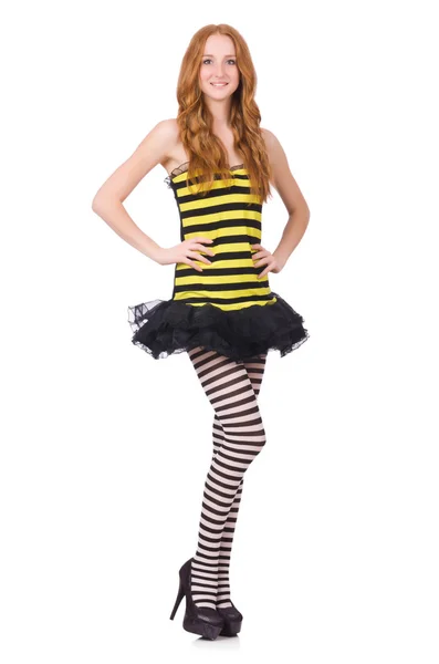 A girl in black and yellow striped dress isolated on white — Stock Photo, Image