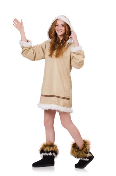 Menina esquimó vestindo roupas de toda a pele isolada no branco — Fotografia de Stock