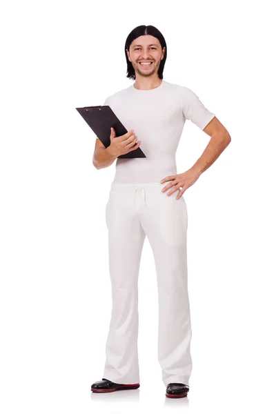 Een man in witte sportkleding geïsoleerd op wit — Stockfoto