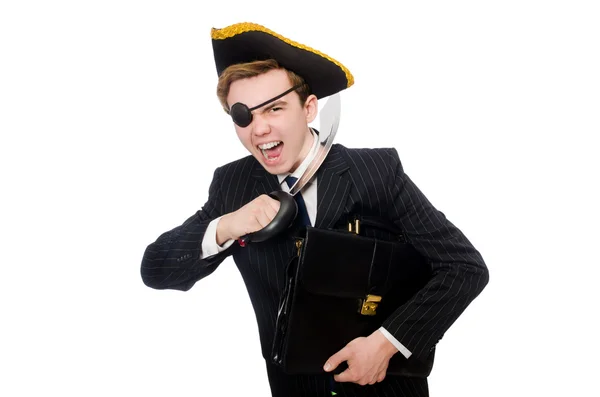 Mladý muž v kostýmu s kloboukem pirát izolované na bílém — Stock fotografie