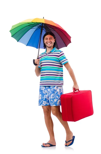 Traveler with red case  and umbrella isolated on white — Stock Photo, Image