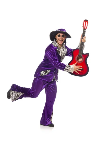 Man in funny clothing holding guitar isolated on white — Stock Photo, Image