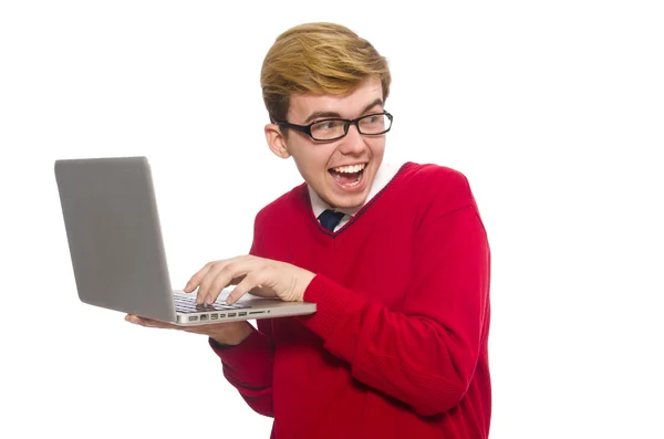 Estudiante usando portátil aislado en blanco — Foto de Stock