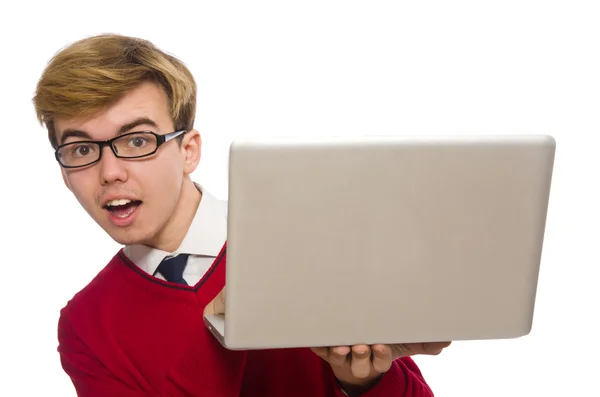 Student met behulp van laptop geïsoleerd op wit — Stockfoto