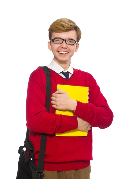 Estudiante con bolsa y papel aislado en blanco — Foto de Stock