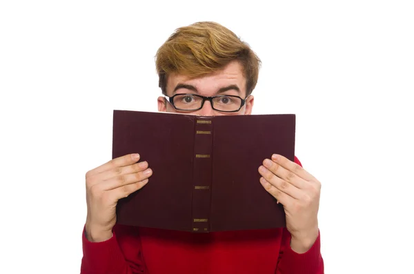 Estudiante universitario con libro aislado en blanco — Foto de Stock