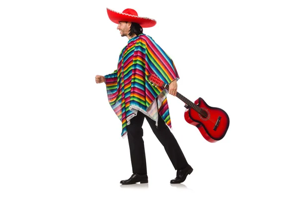 Mexicano em poncho vívido segurando guitarra isolada em branco — Fotografia de Stock