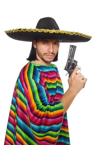 Handsome man in vivid poncho holding gun isolated on white — Stock Photo, Image