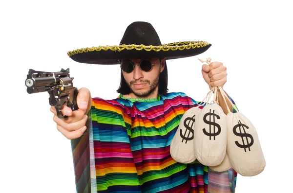 墨西哥拿着枪和钱袋隔离在白色上 — 图库照片