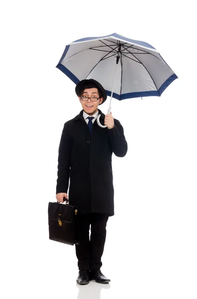 Giovane uomo con valigia e ombrello isolato su bianco — Foto Stock