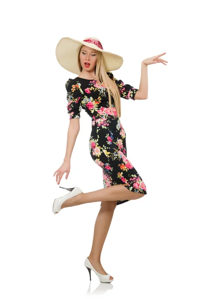 Cute blonde girl in floral dress isolated on white — Stock Photo, Image