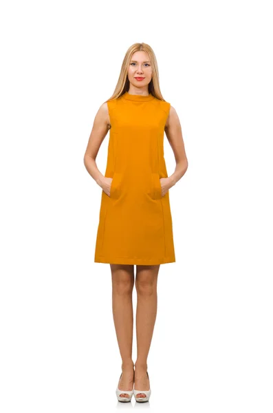 Pretty girl in ocher dress isolated on white — Stock Photo, Image
