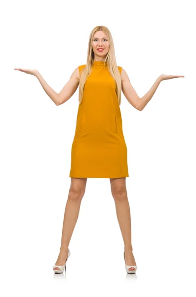 Pretty girl in ocher dress isolated on white — Stock Photo, Image