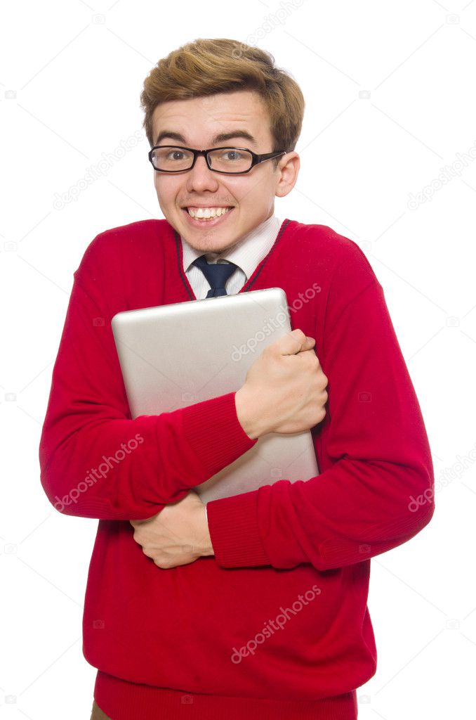 Student using laptop isolated on white