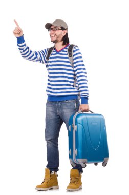 Bir turist üzerinde beyaz izole çanta ile
