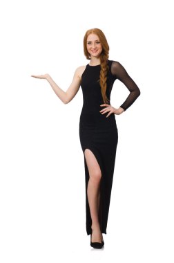 Beyaz izole zarif siyah elbiseli genç bayan