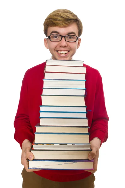 Estudiante divertido con libros aislados en blanco —  Fotos de Stock